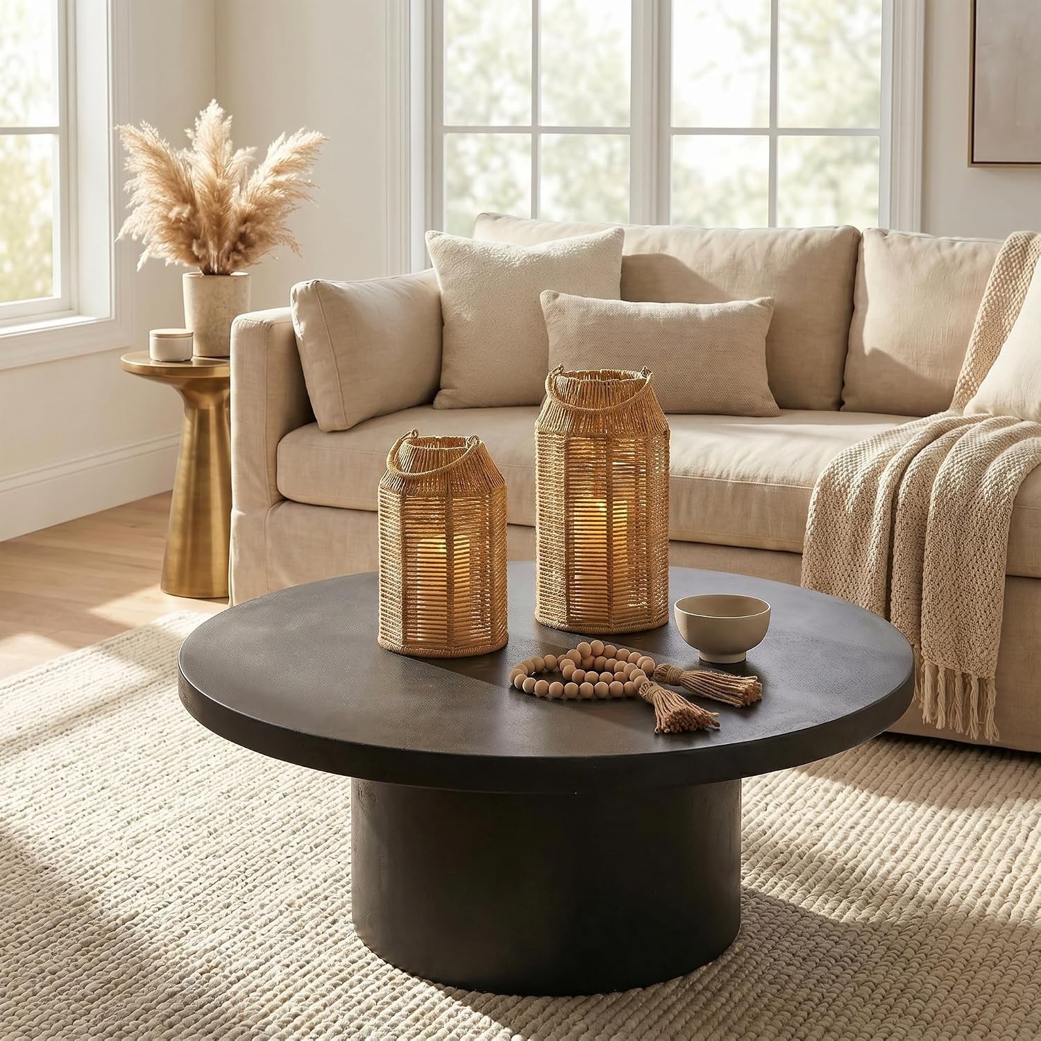 Jute Lanterns Set of 2 Boho Decor Indoor Outdoor Coffee Table Porch Lighting