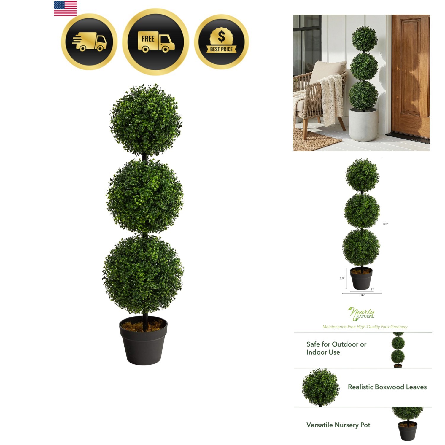 36in Artificial Triple Ball Boxwood Topiary Tree – Indoor Outdoor Realistic F…