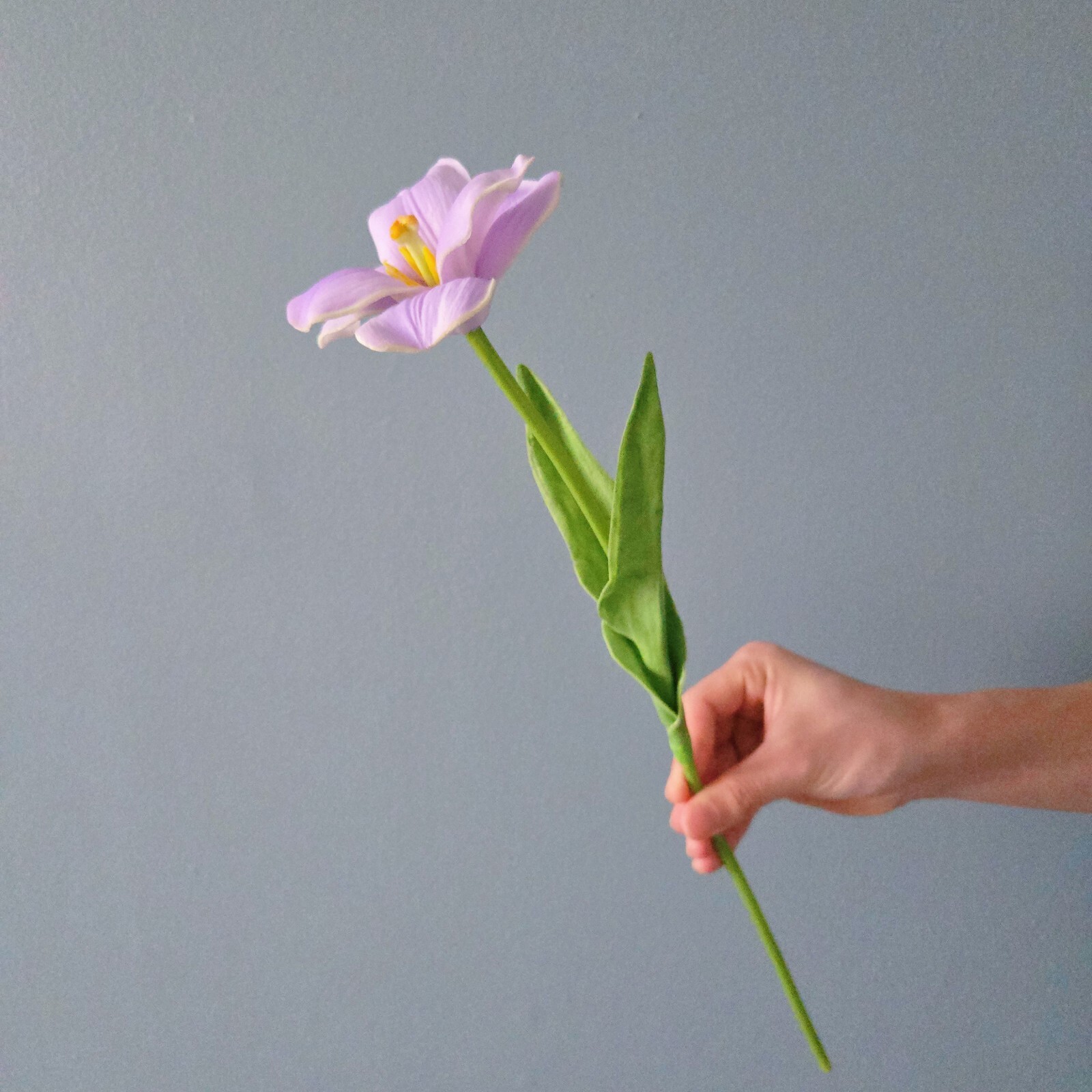 6PCS artificial fully bloomed tulips in pink, purple, and white for home décor.