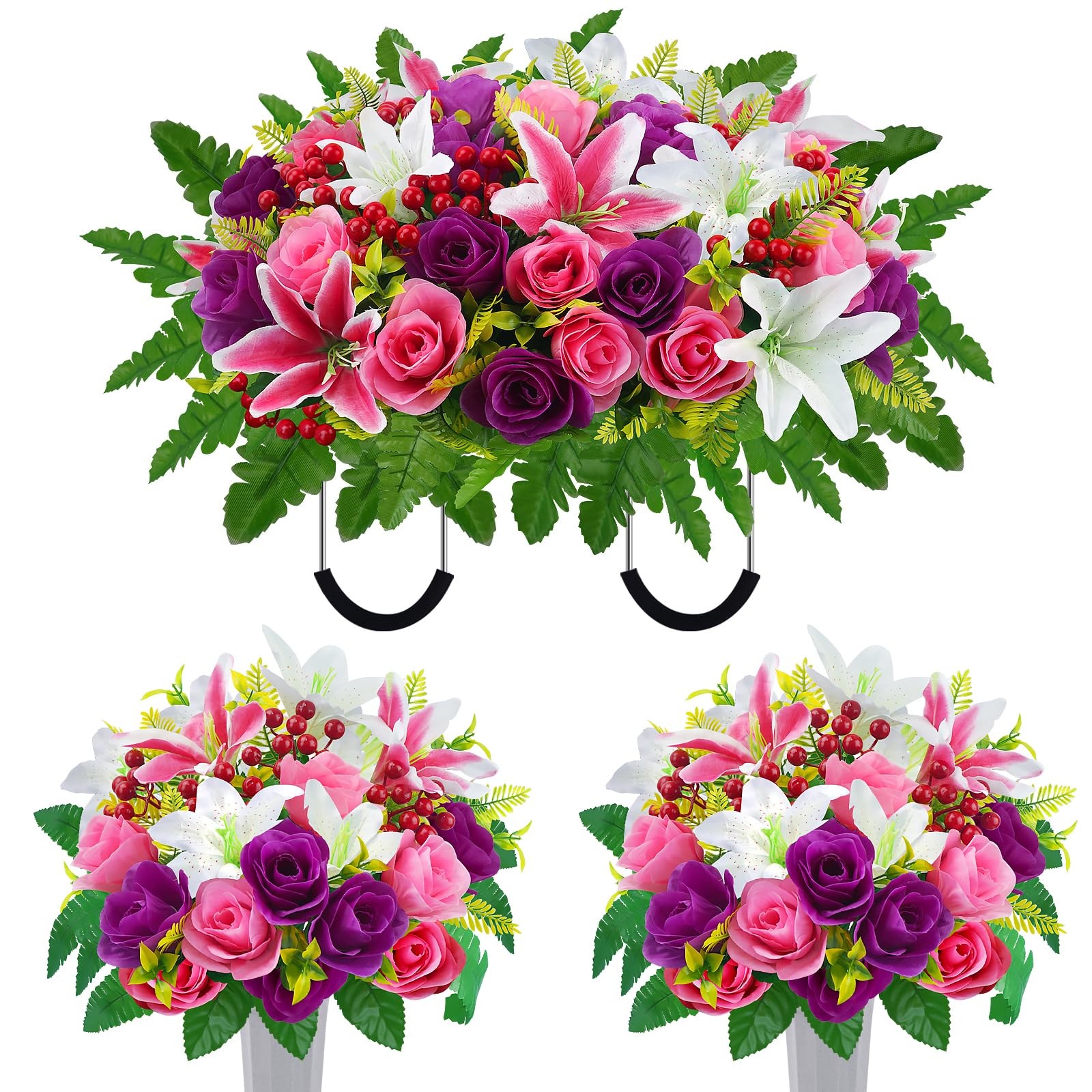 Cemetery Flowers for Grave Headstone Flower Saddle with Silk Rose Lily Artifi…
