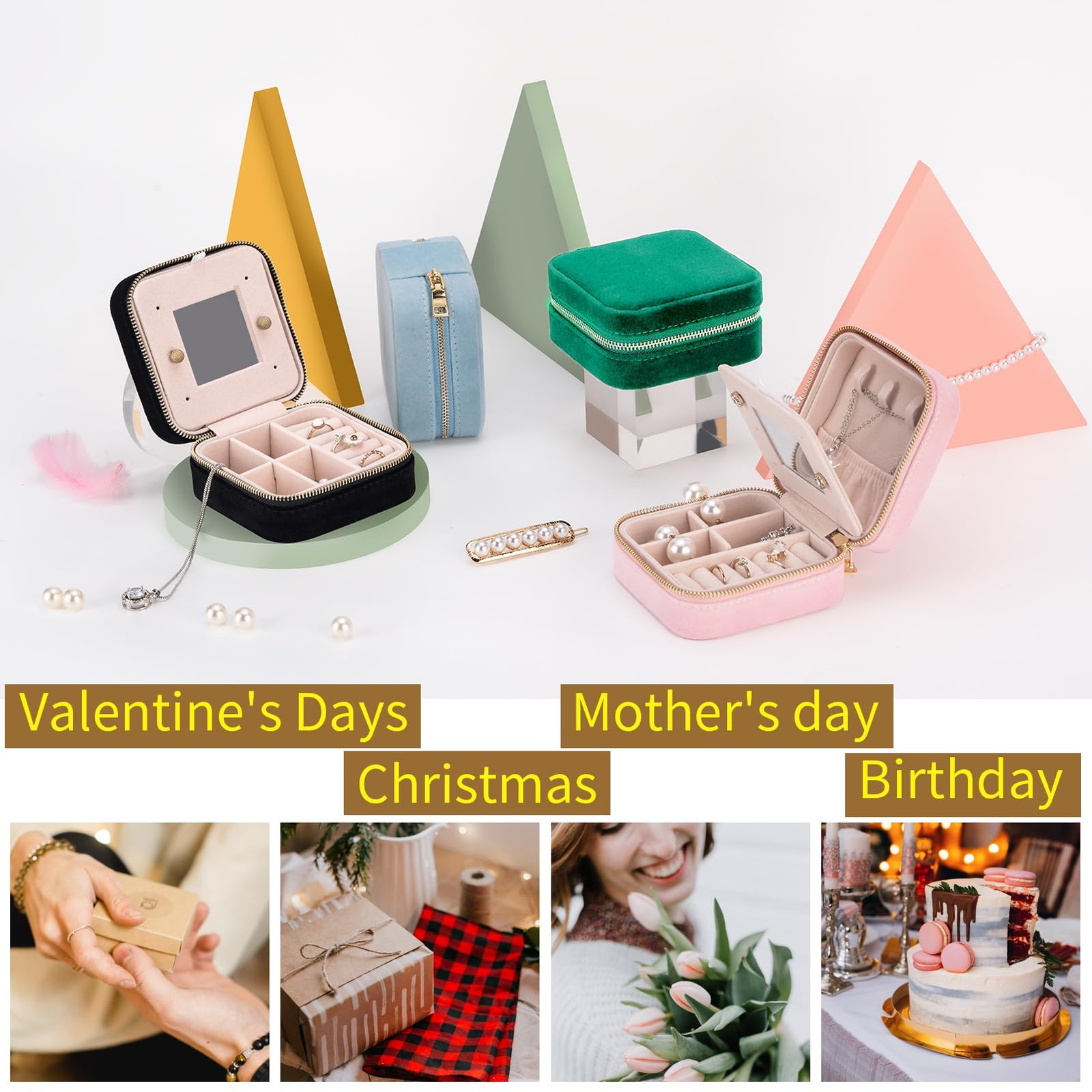 Travel Velvet Jewelry Box with Mirror, Mini Gifts Case for PlushVelvet-Green