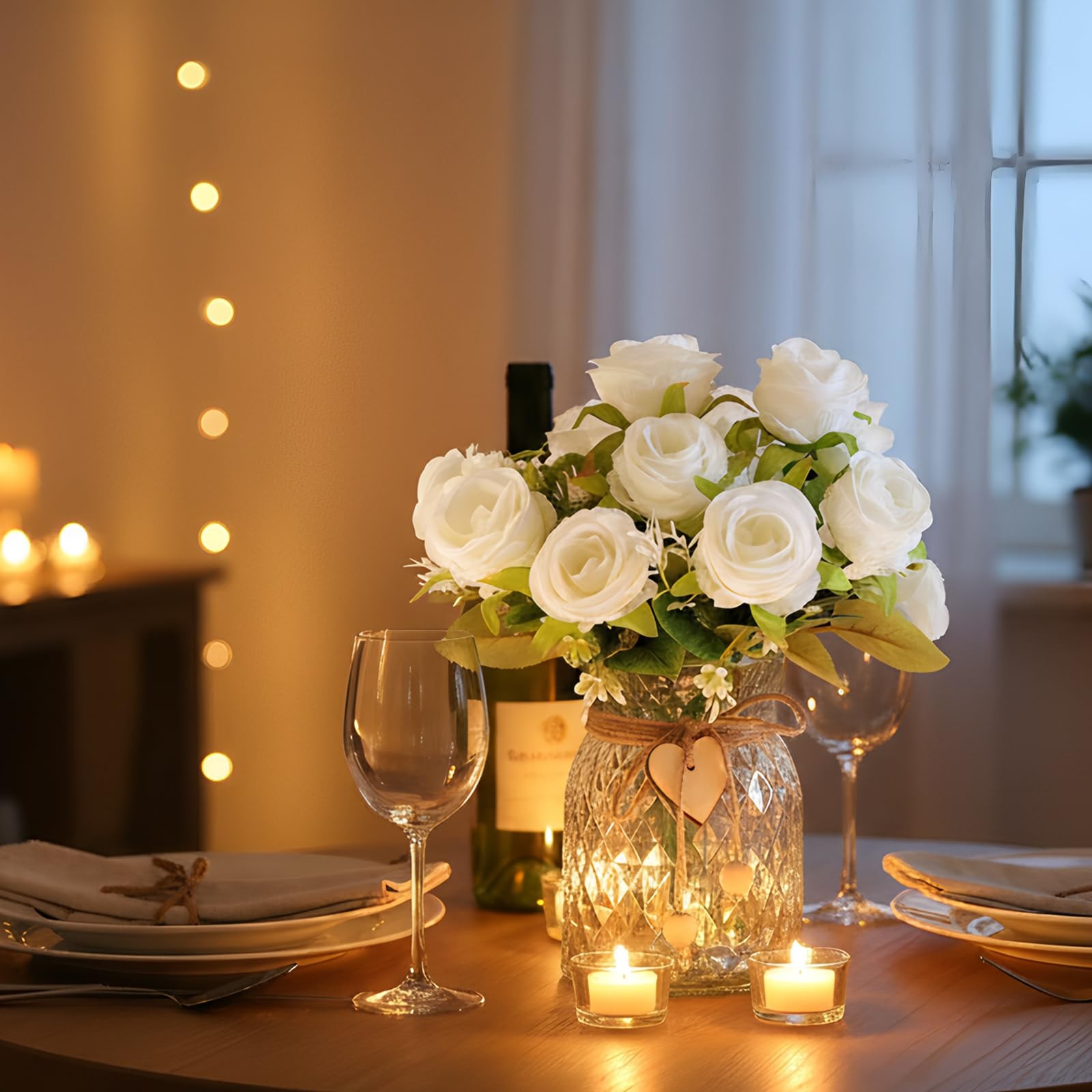 Faux Flowers in Vase, 18 Pcs Fake Rose Flowers, Artificial Flowers for Home D…