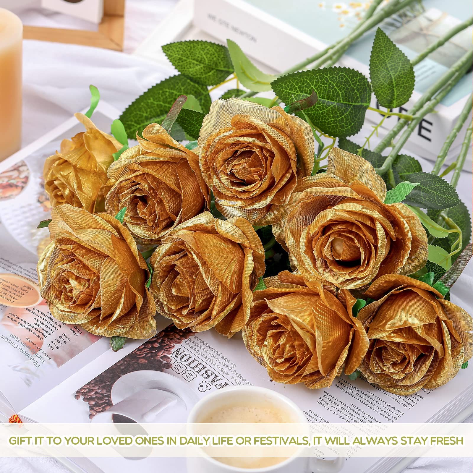 50 Pcs Artificial Rose Flower Bulk Realistic Silk Fake Roses with Long Stem Gold