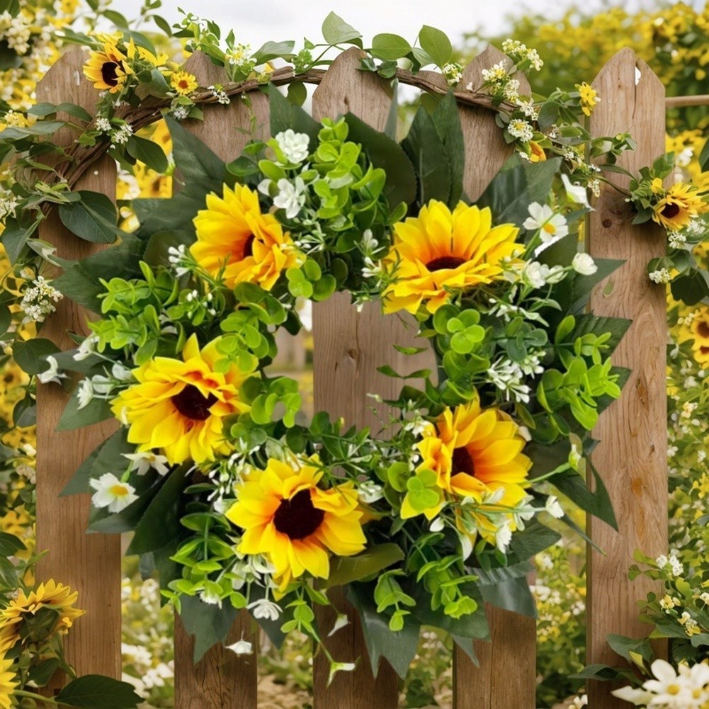 35cm Handmade Wreath Sunflower Eucalyptus for Front Door Wall Farmhouse