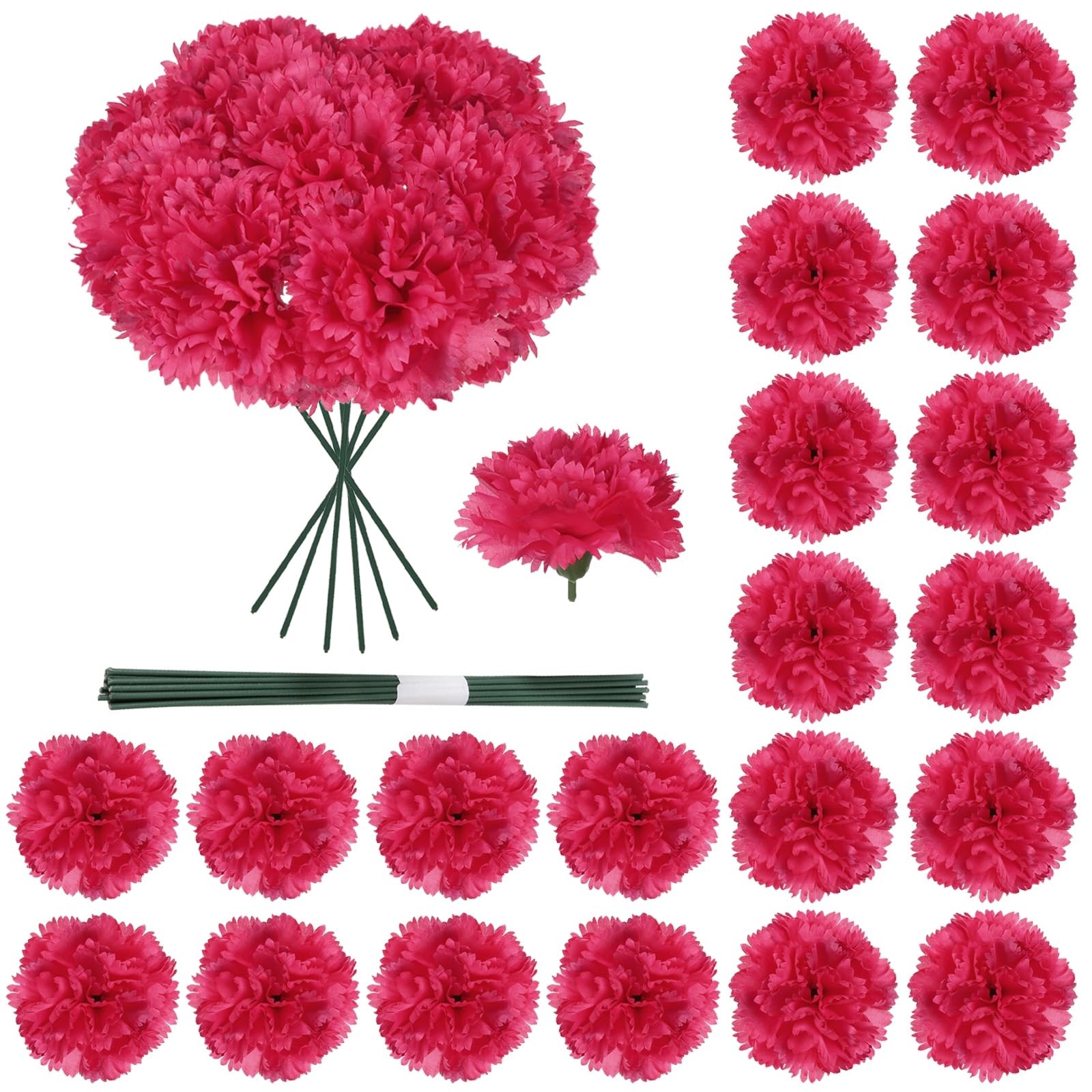 20PCS Carnations Artificial Flowers with Stems, 3.15in Fake Flowers Silk Carn…