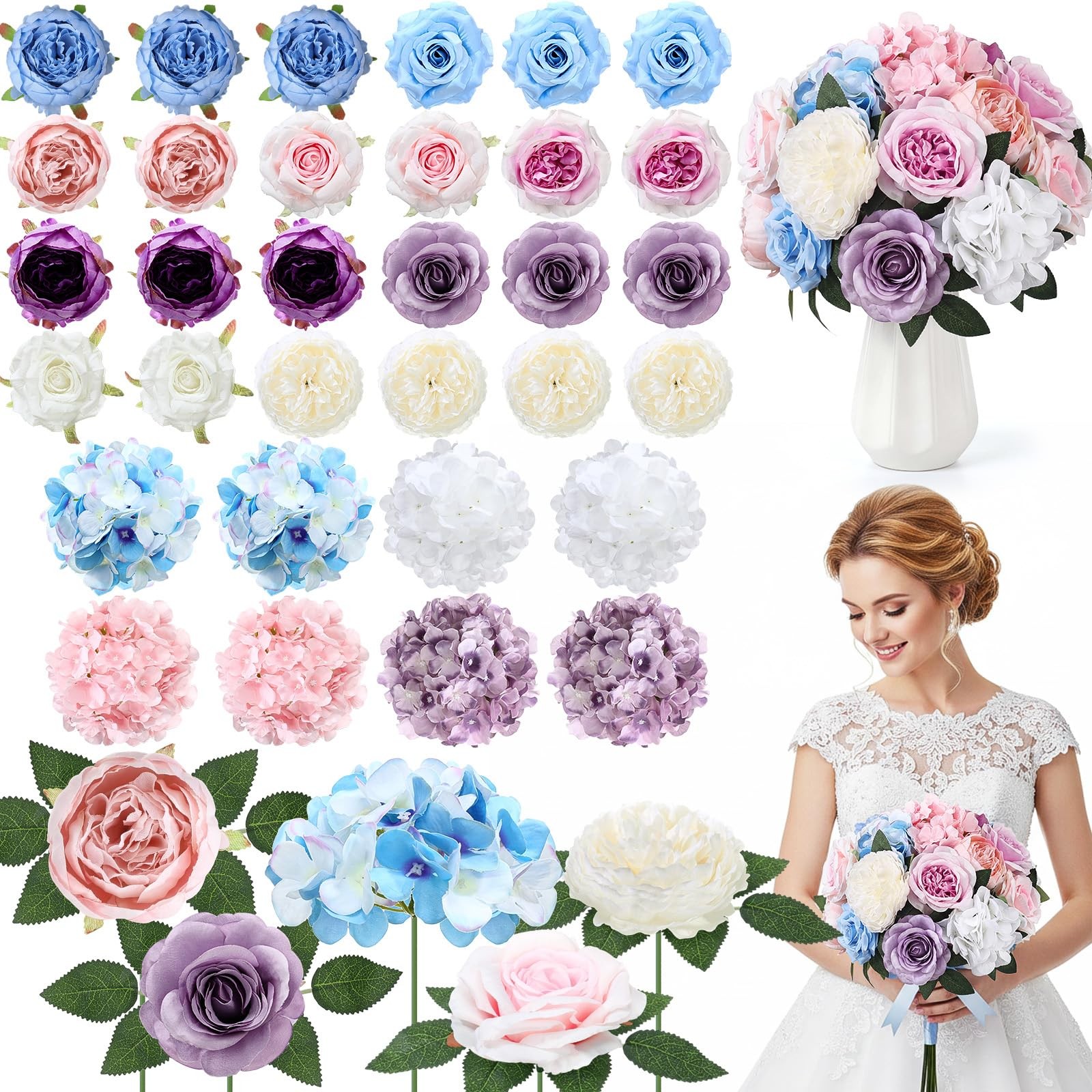 60 Pcs Assorted Silk Artificial Flowers, Faux Fake Full Hydrangea Peony Rose …