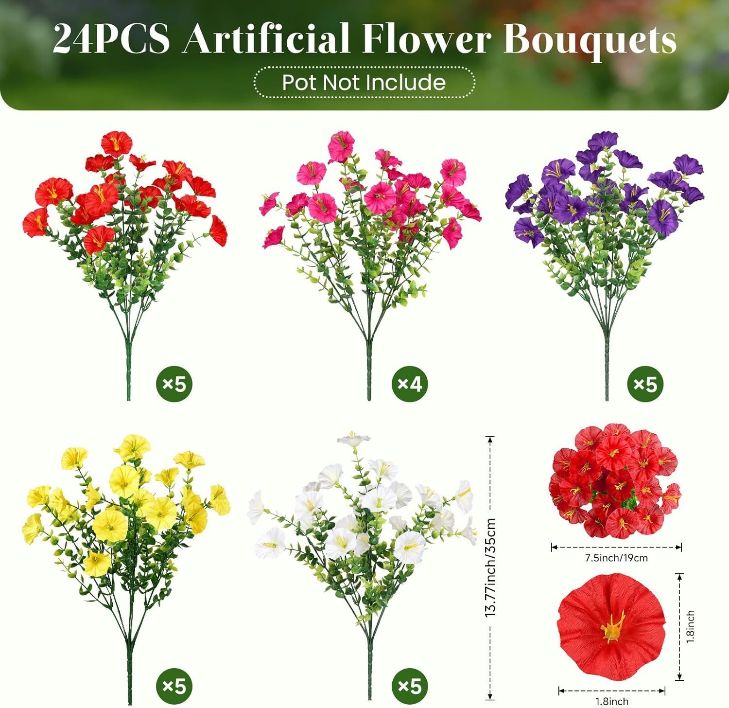 All-Weather 24 Bundle Silk Morning Glory Set – Mix of 5 Colors for Outdoor Décor