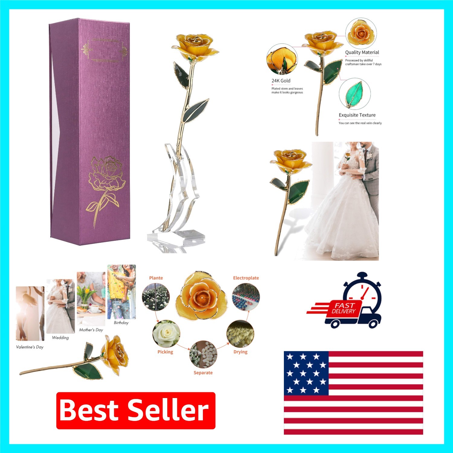 24K Gold Dipped Yellow Rose – Exquisite Gift for Her, Comes with Crystal Stand