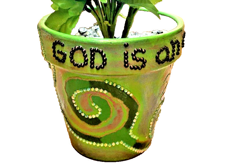 Flower Pot “God is an awsome God” green/multicolor handmade Flower Pot