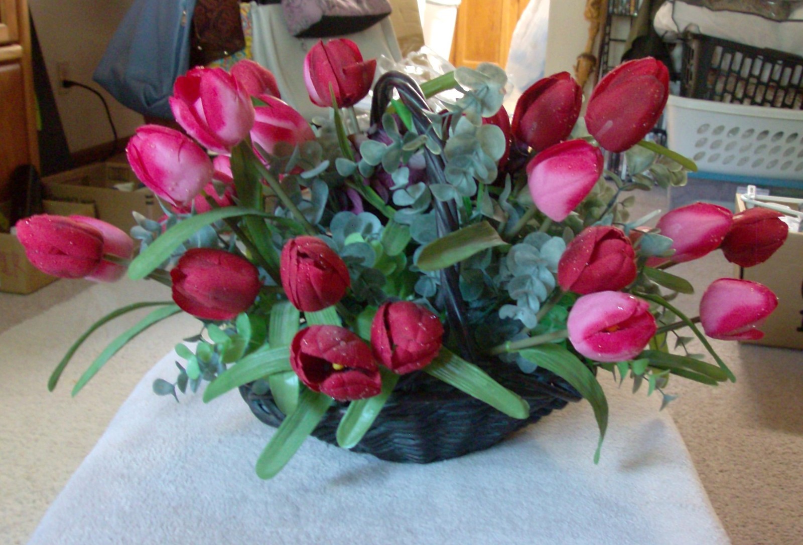 RED ARTIFICIAL TULIPS In Brown Wicker Basket 20″ X 16″ X 12″ High