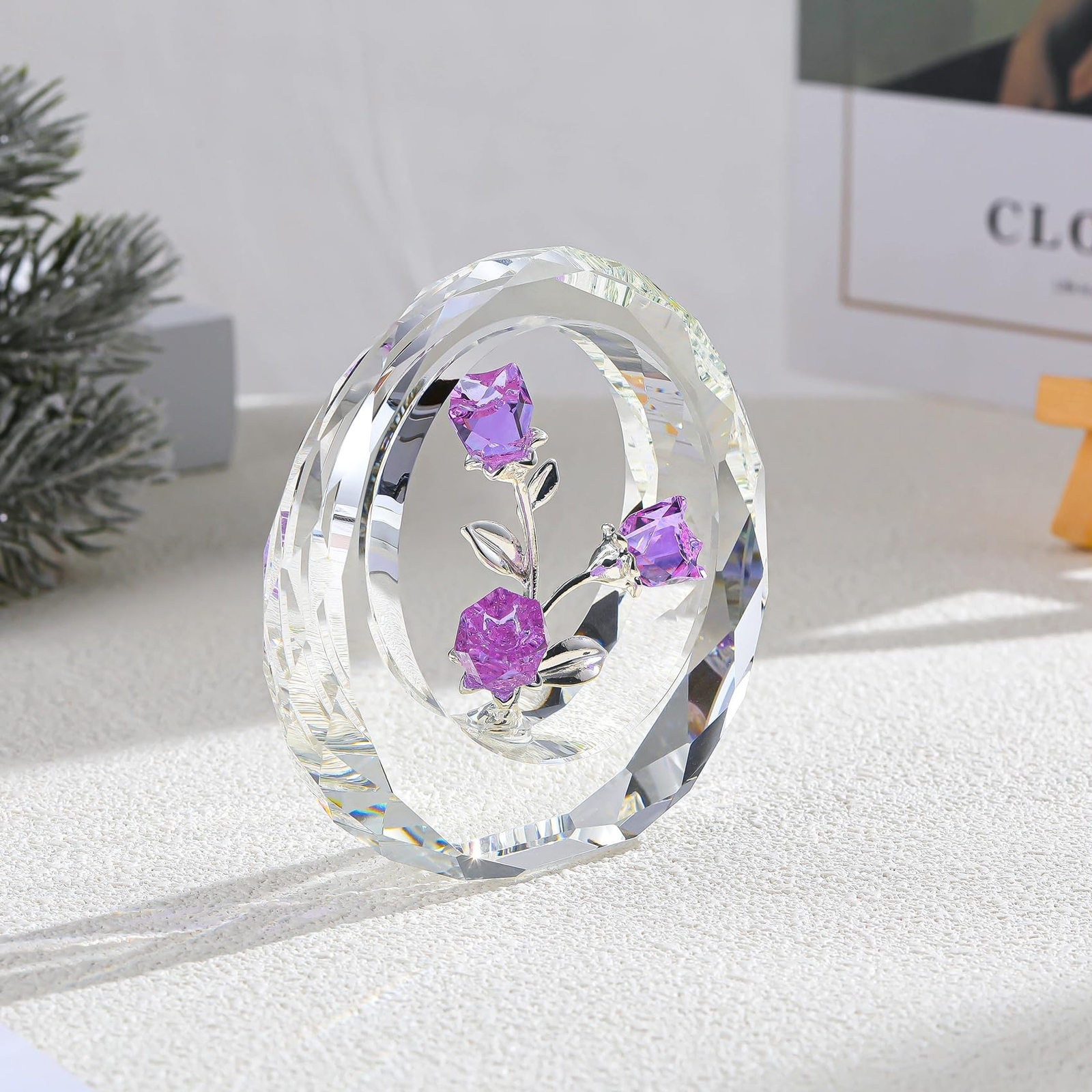 Crystal Purple Rose Bouquet Figurines Glass Flowers with Stems Valentines Ann…