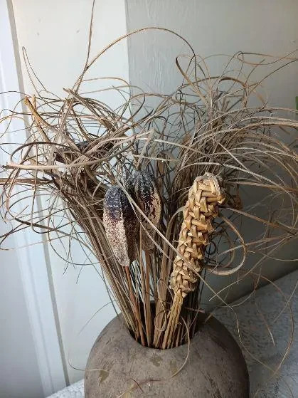 Rustic Decorative Stone Vase Centerpiece Dried Reeds Floral Bouquet