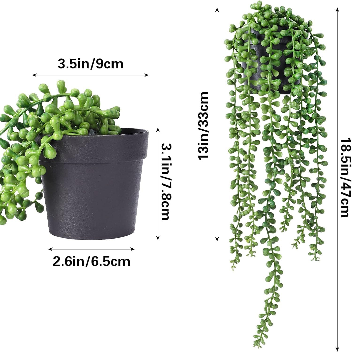 String of Pearls Plant Artificial, 2Pcs Faux Plants Indoor in Black Pots, Realis