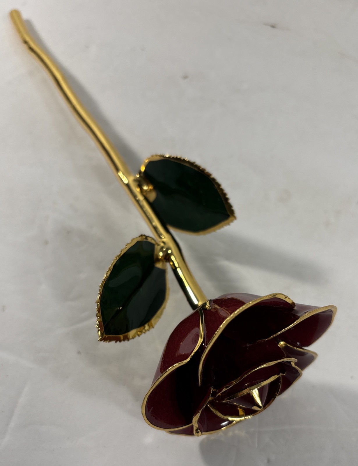 Gold Trimmed Valentine Red Rose 24K Style Long Stem Enamel Flower Gift 11”