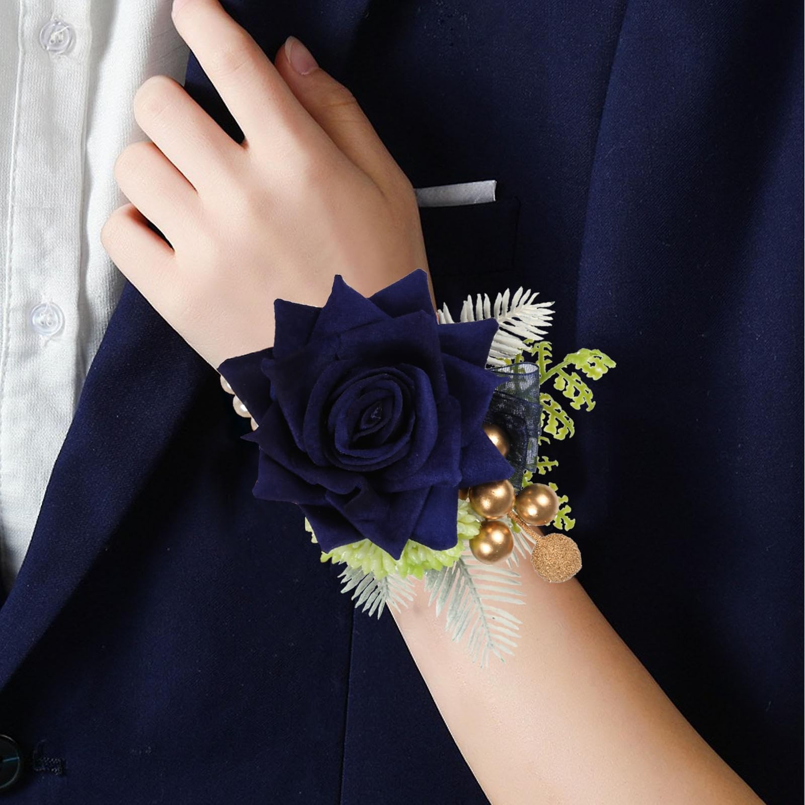 2 PCS Navy Blue Corsage And Boutonniere Set Artificial Rose Prom Wedding