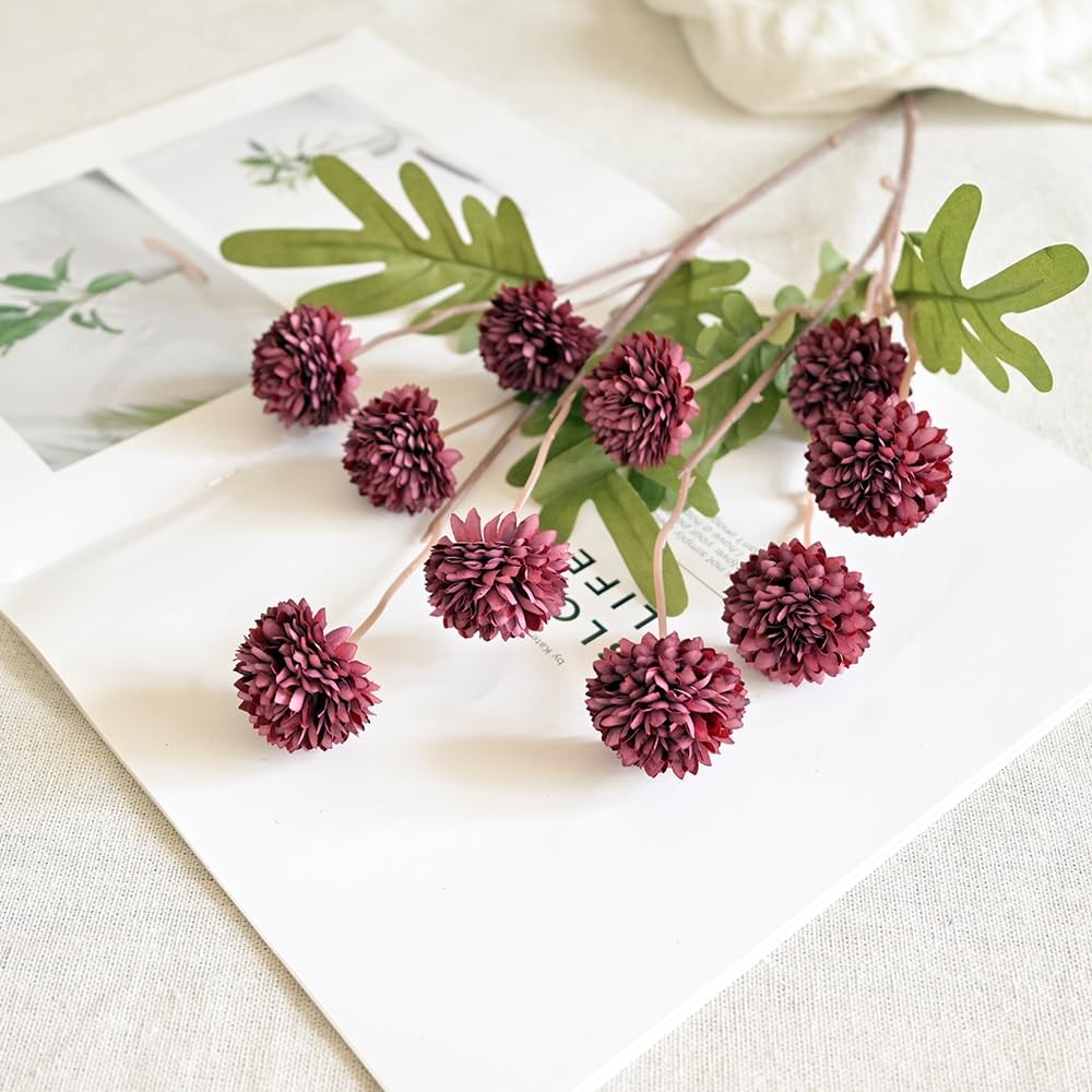 Laelfe 5Pcs Burgundy Flowers Artificial Pompon Mum, Fake Kiku Flowers Silk Sm…