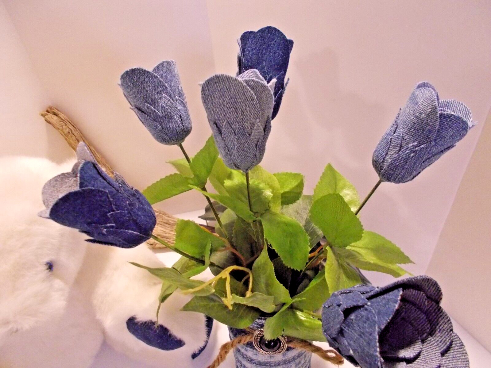 Handcrafted Denim 6 Rose Bouquet in Denim Seams Vase w Teddy Bear Upcycled Denim