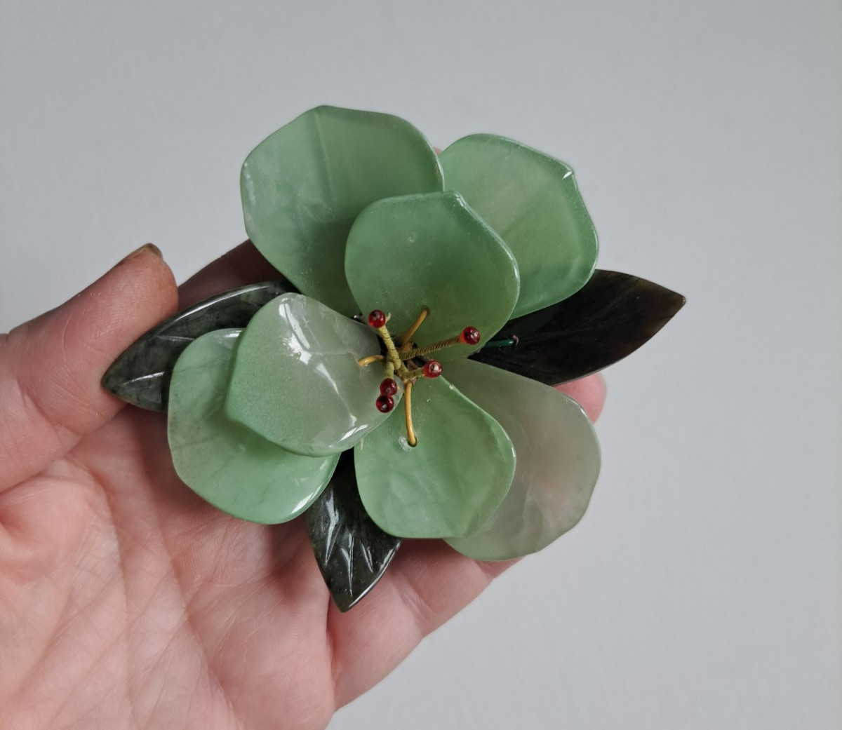 Vintage Chinese Hand Carved Jade Lotus Green Stone Flower Cluster Decor