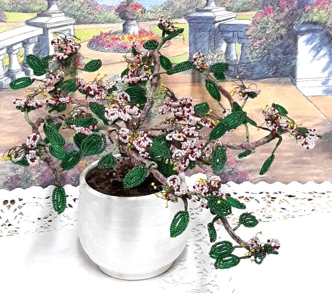 Vintage Crafted Seed Bead Cherry Blossom Bonsai Tree Arrangement in Ceramic Pot