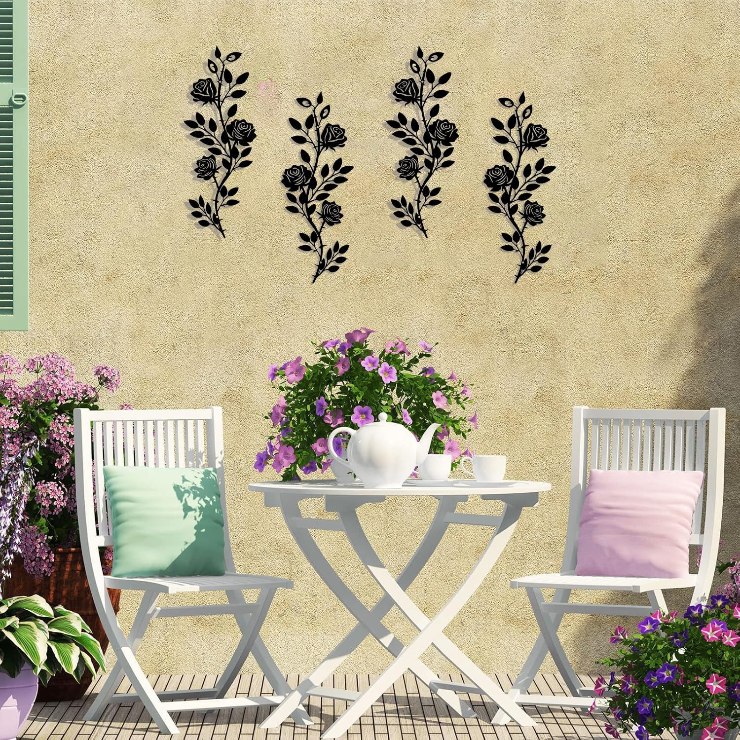 2Pcs Metal Rose Floral Wall Decor Art , Rustic Wrought Iron Plant