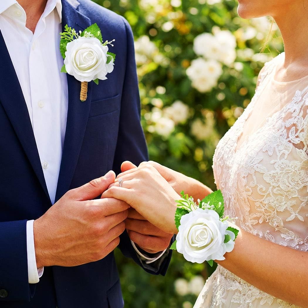Rose Wrist Corsage Boutonniere Set Flower Wristlet Wedding Prom White Decor