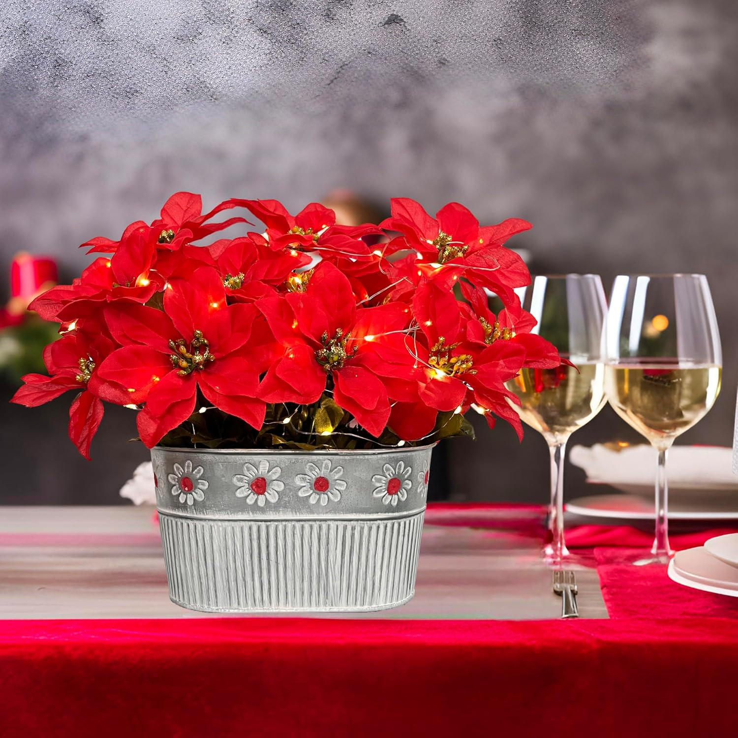 Christmas Poinsettia Table Centerpiece – Rustic Metal Pot with LED Lights, Festi