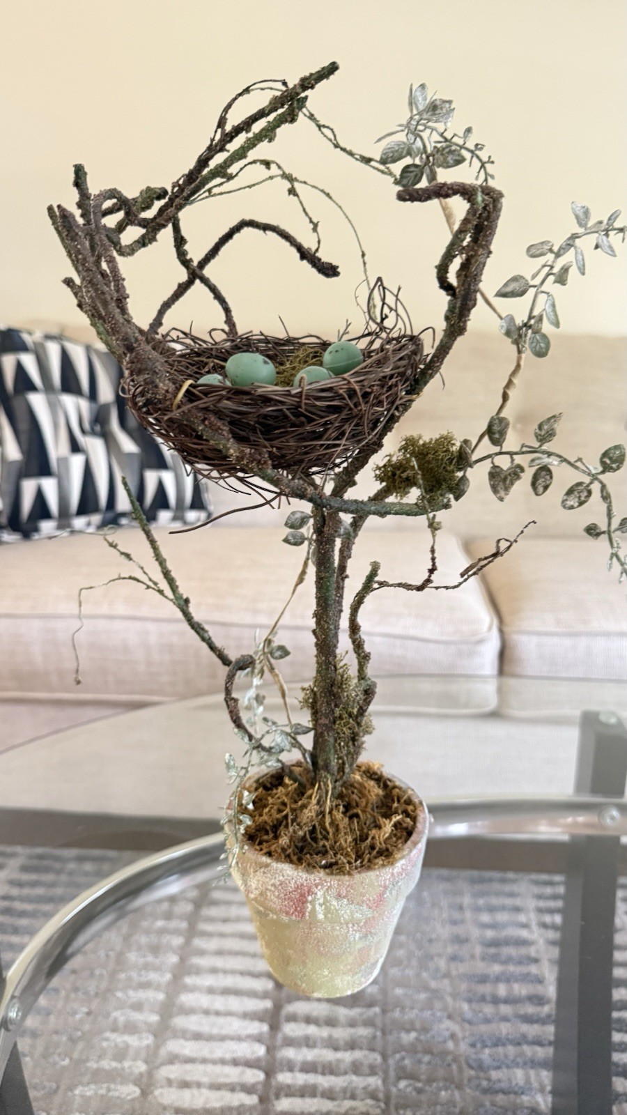 Floral Topiary Arrangement Potted Center Piece With Nest & Robin Eggs