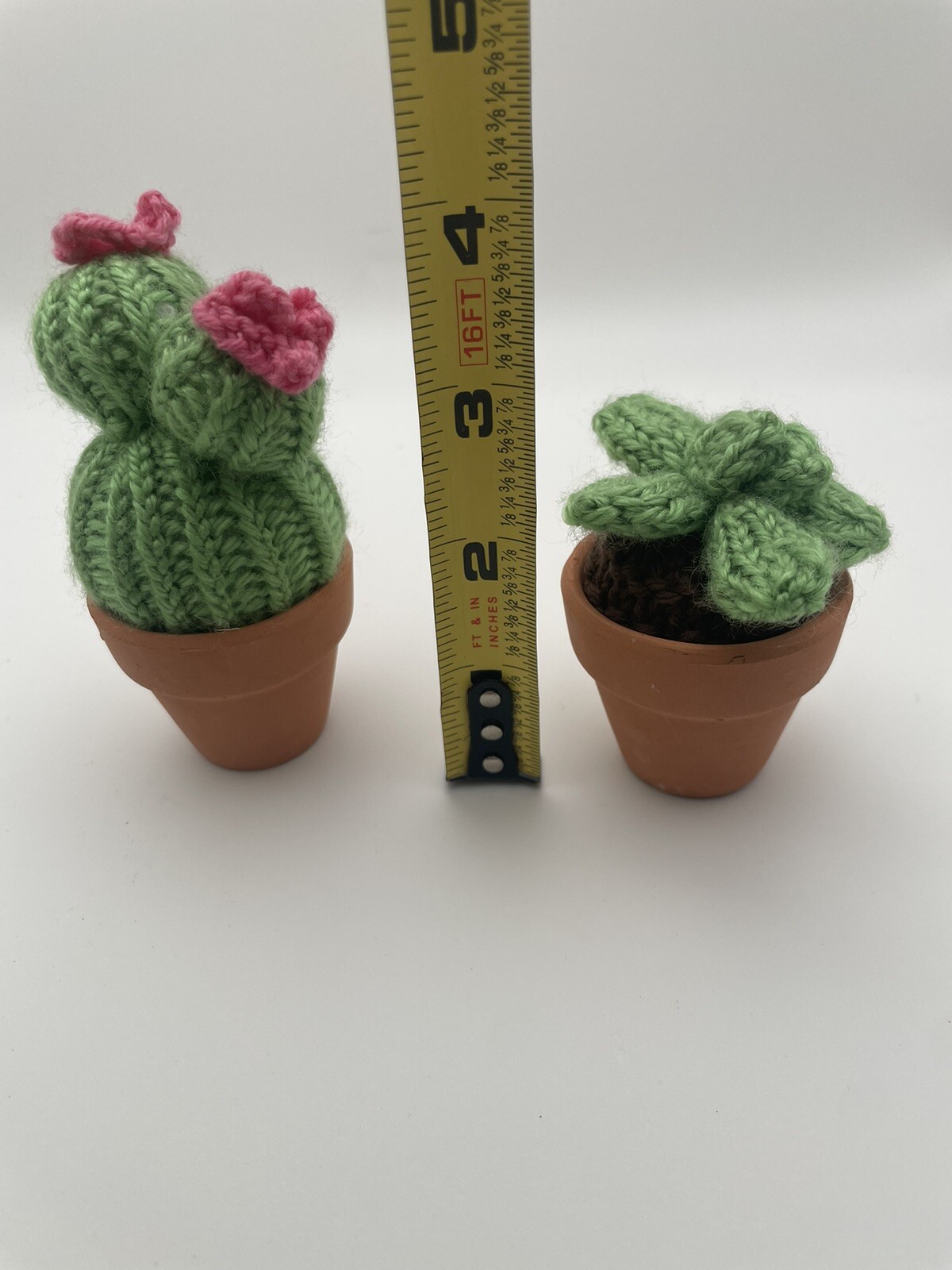 Two Small Knit Cactus Potted Plants Pink & Green In Small Terracotta Pots