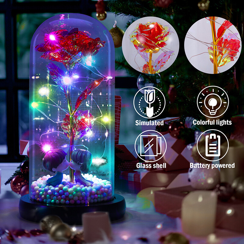 Rose in Glass Dome Preserved Flower Decortions Dome w/ LED Lights Gifts for Her