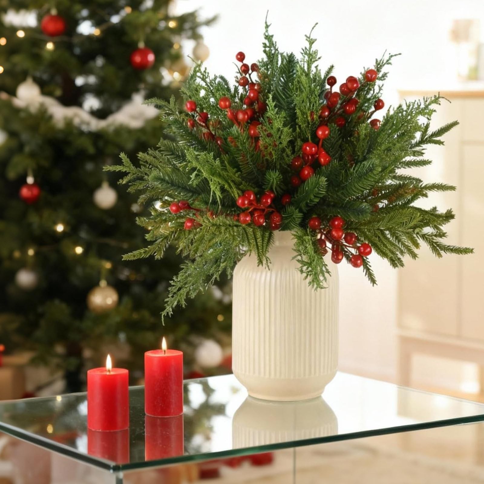 60 Pcs Christmas Greenery Stems for Vases Artificial Pine Branches for Decora…