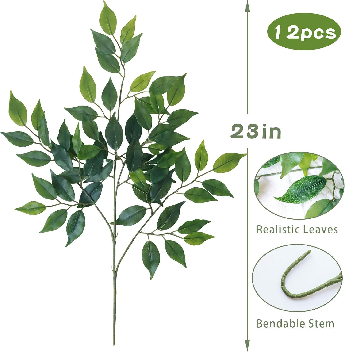 12Pcs Artificial Greenery Stems Silk Green Leaves Fake 23In Ficus Garland Spray
