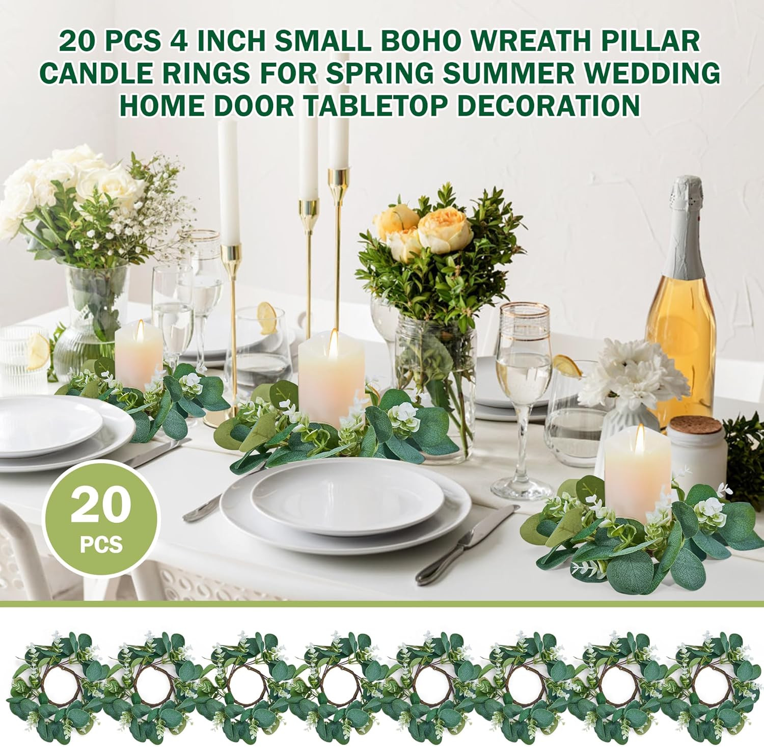 20Pcs Eucalyptus Candle Rings Wreaths, 11″ Greenery Decor for Home & Events