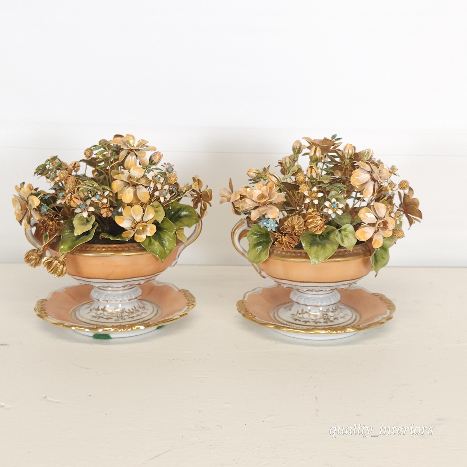 Pair Jane Hutcheson for Gorham Apricot Teacup & Saucer Floral Arrangement