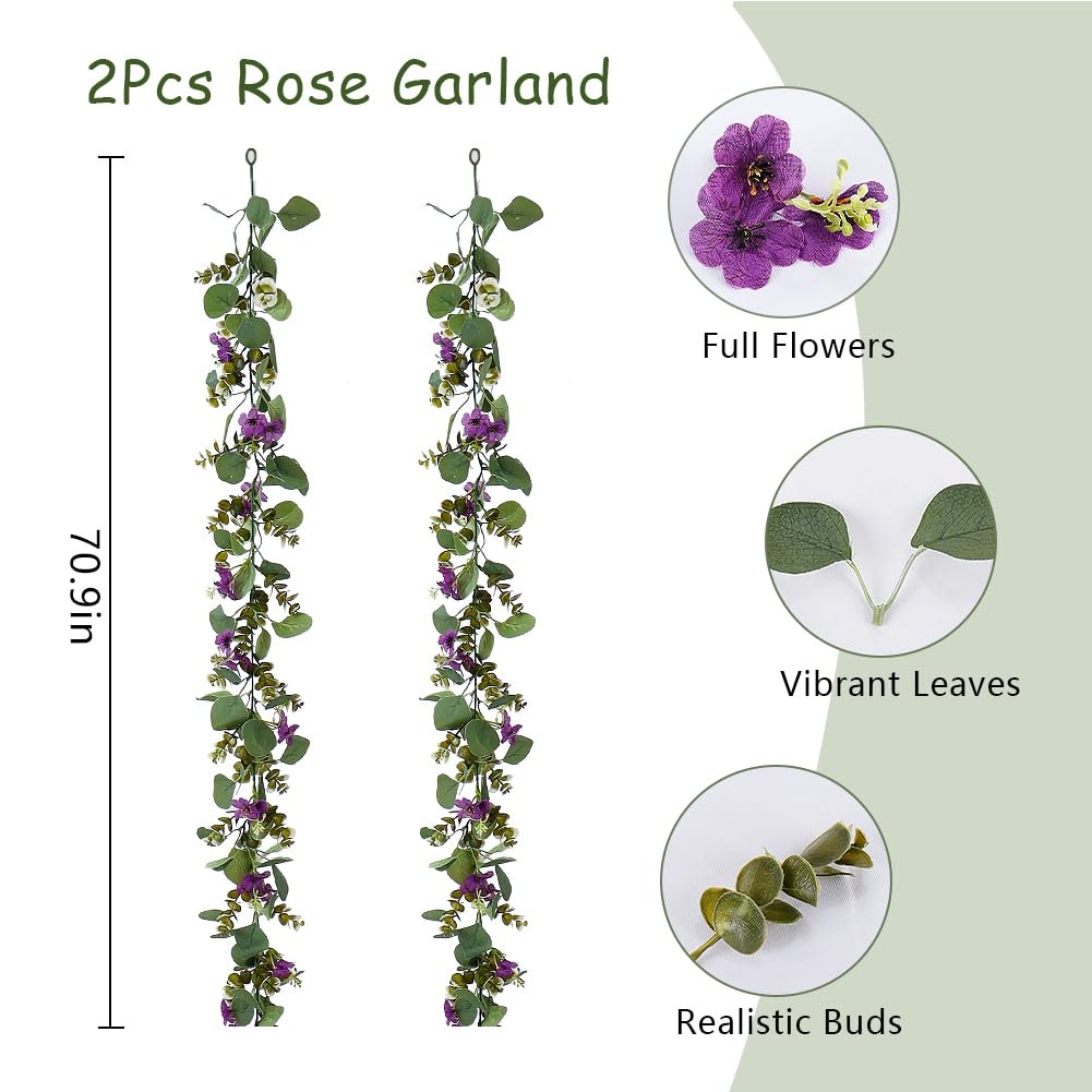 2Pack Eucalyptus Flower Garland with Violet 5.9Ft Artificial Ivy Greenery Han…