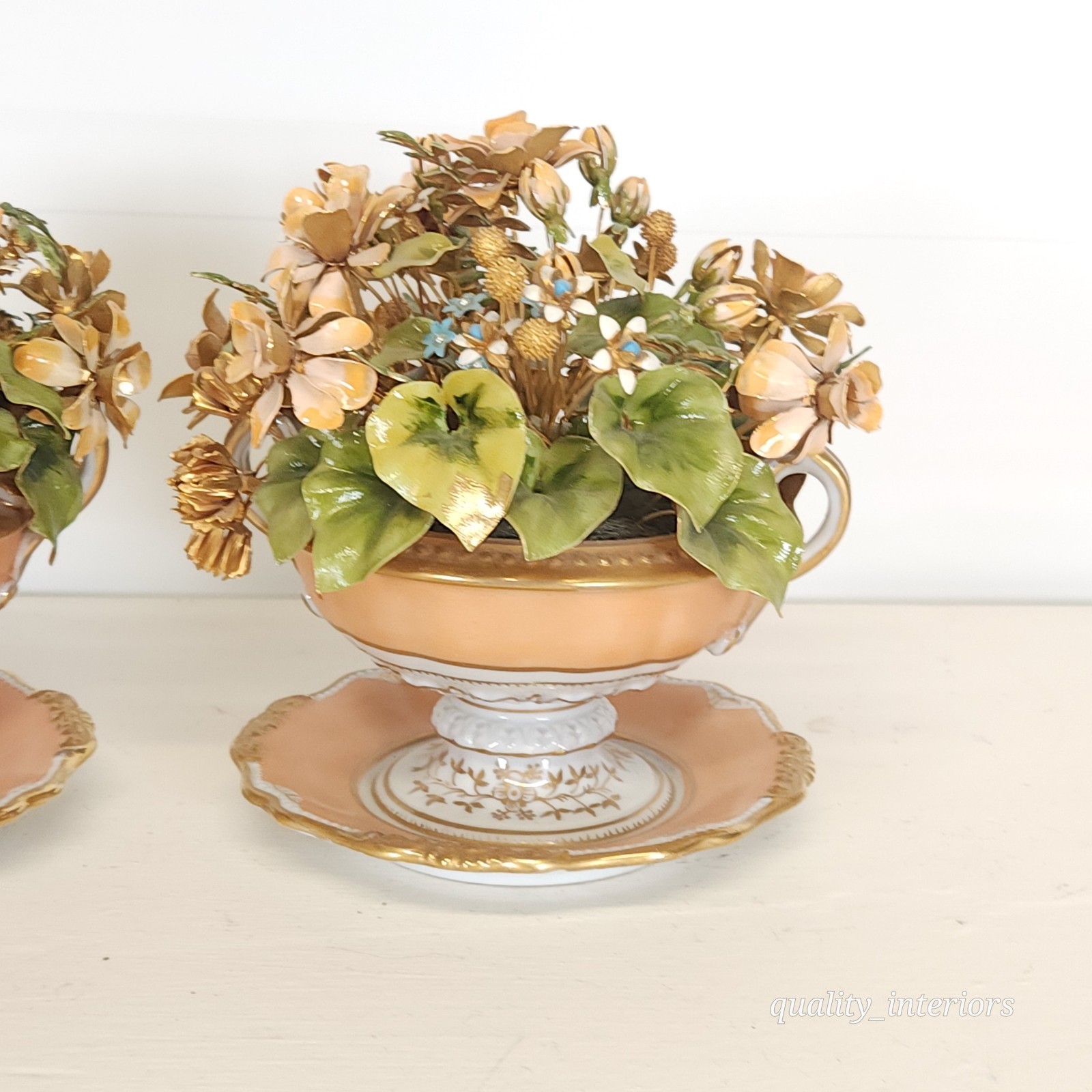 Pair Jane Hutcheson for Gorham Apricot Teacup & Saucer Floral Arrangement