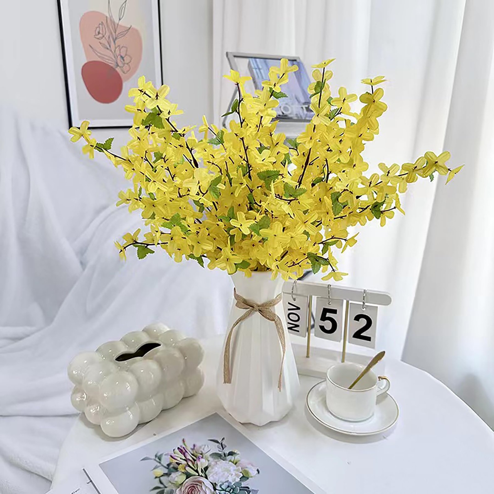 6Pcs Artificial Forsythia Flower Branches Spring Summer Yellow Silk Fake Wint…