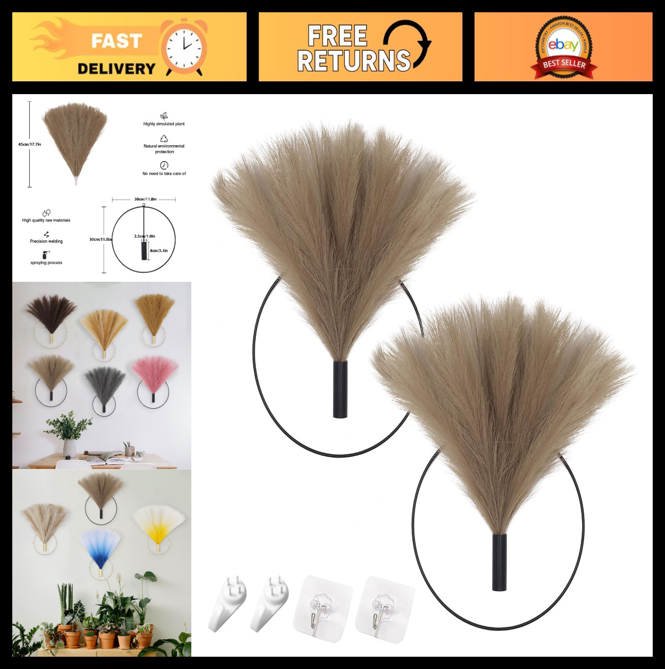 Boho Wall Decor – Metal Hanging Art, Pampas Grass Display for Living Room, Bedro