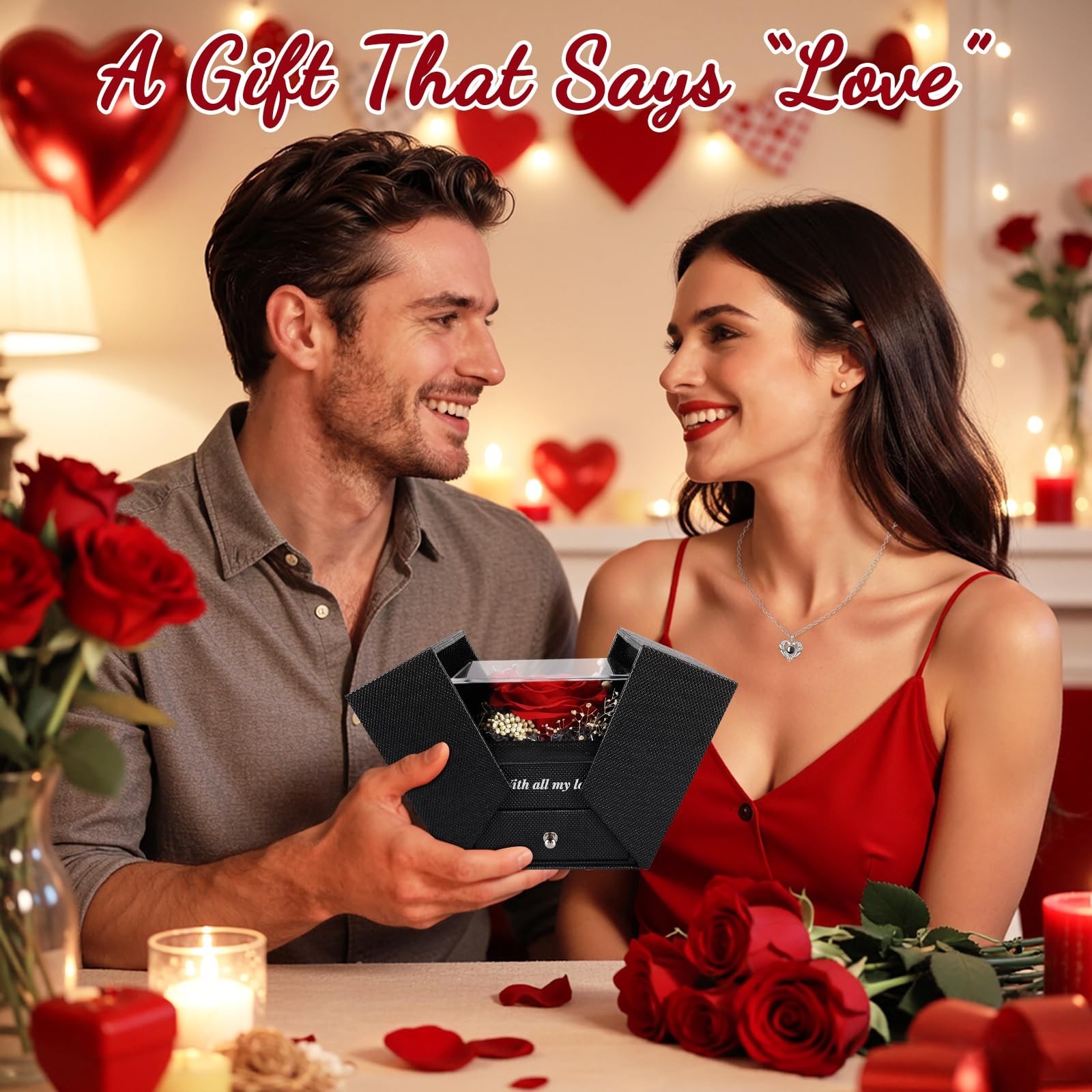 Romantic Gift Box with Preserved Red Rose & Heart Necklace – ‘I Love You’ in 100