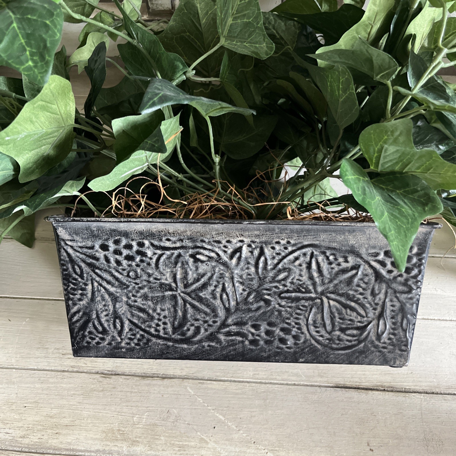 Faux Ivy In Metal Container 10.5”W x4.25”Dx4”H Container W/ Plant 12”H x30”W