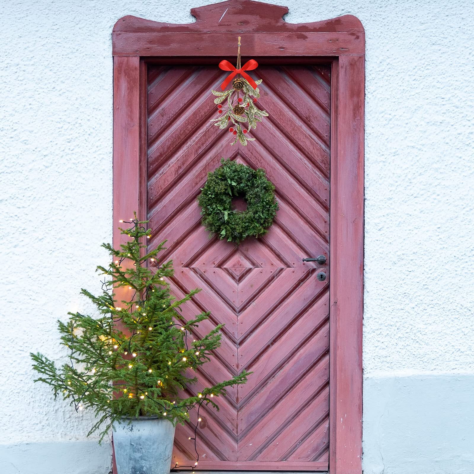 1 Piece Christmas Mistletoe Decor Artificial Mistletoe Ornament with Red Bow …