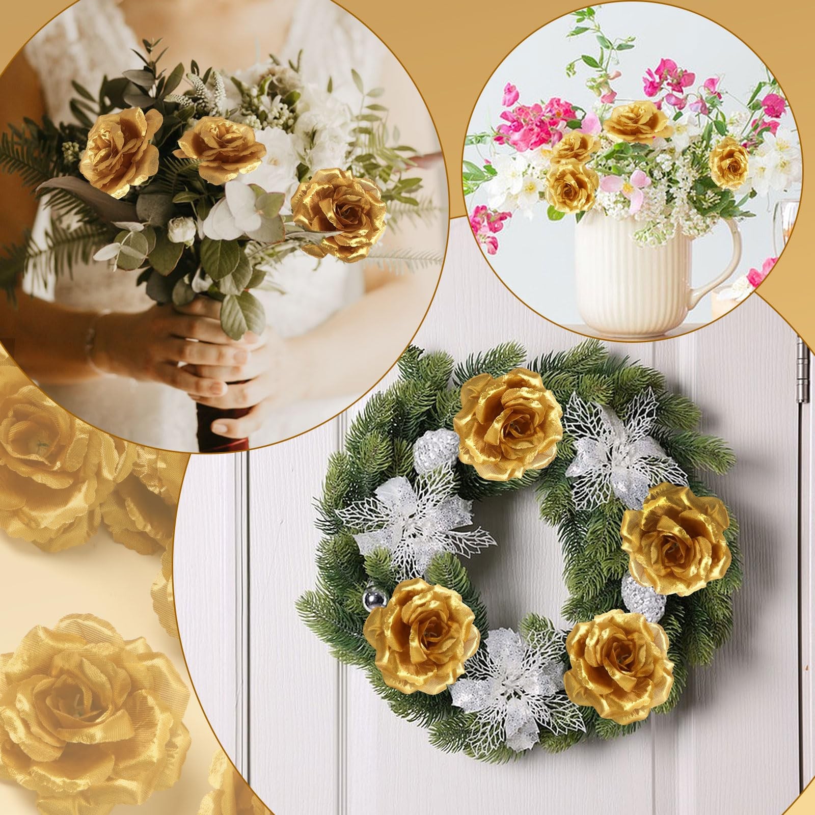 30 PCS 3 Inch Gold Artificial Silk Rose Flower Heads Fake Floral Party Decor