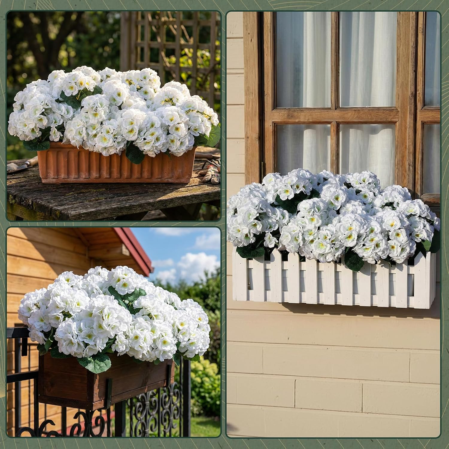 12 Bundles UV Resistant White Geraniums – Realistic Faux Flowers for Home & Gard