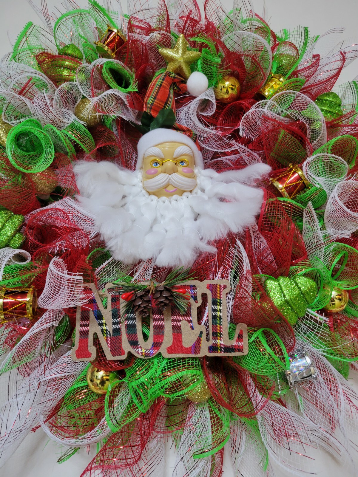 NOEL Christmas Mesh Front Door Wreath Wall Decoration White RED green Santa