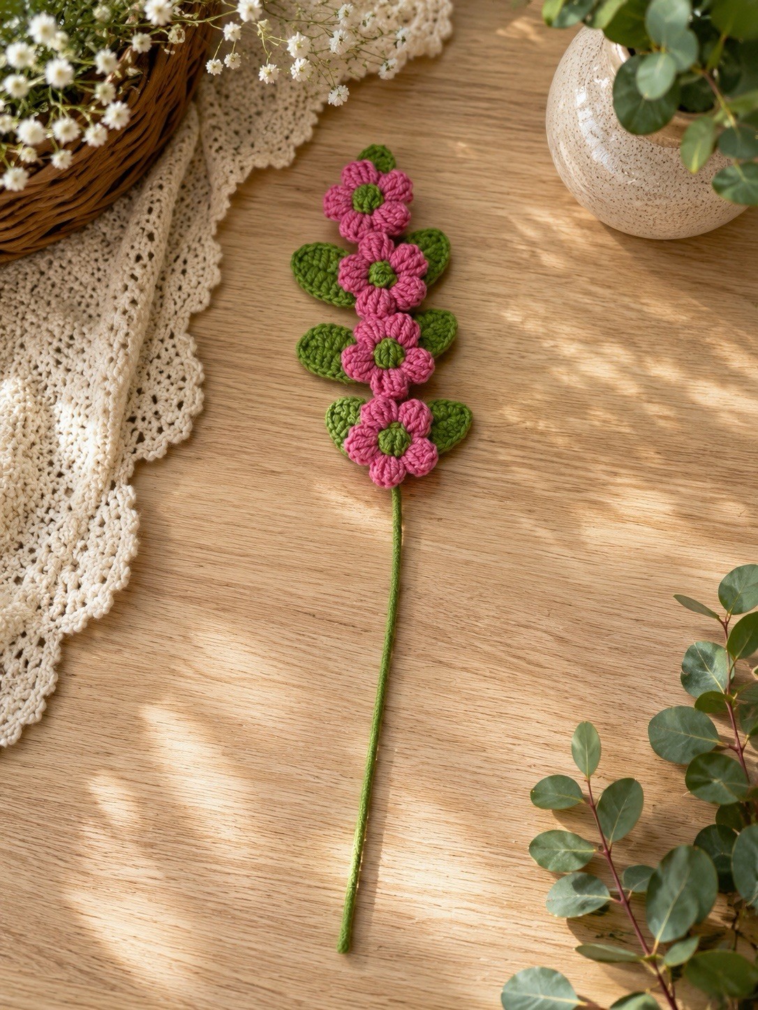 Handmade Crochet Pink Flower Stem 12” Floral Decor Gift Home Decoration
