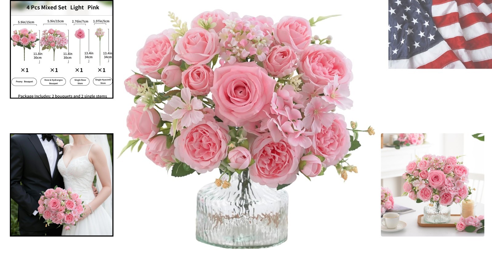 4 Pcs Light Pink Artificial Peony Set – 2 Bouquets & 2 Stems for Elegant Decor