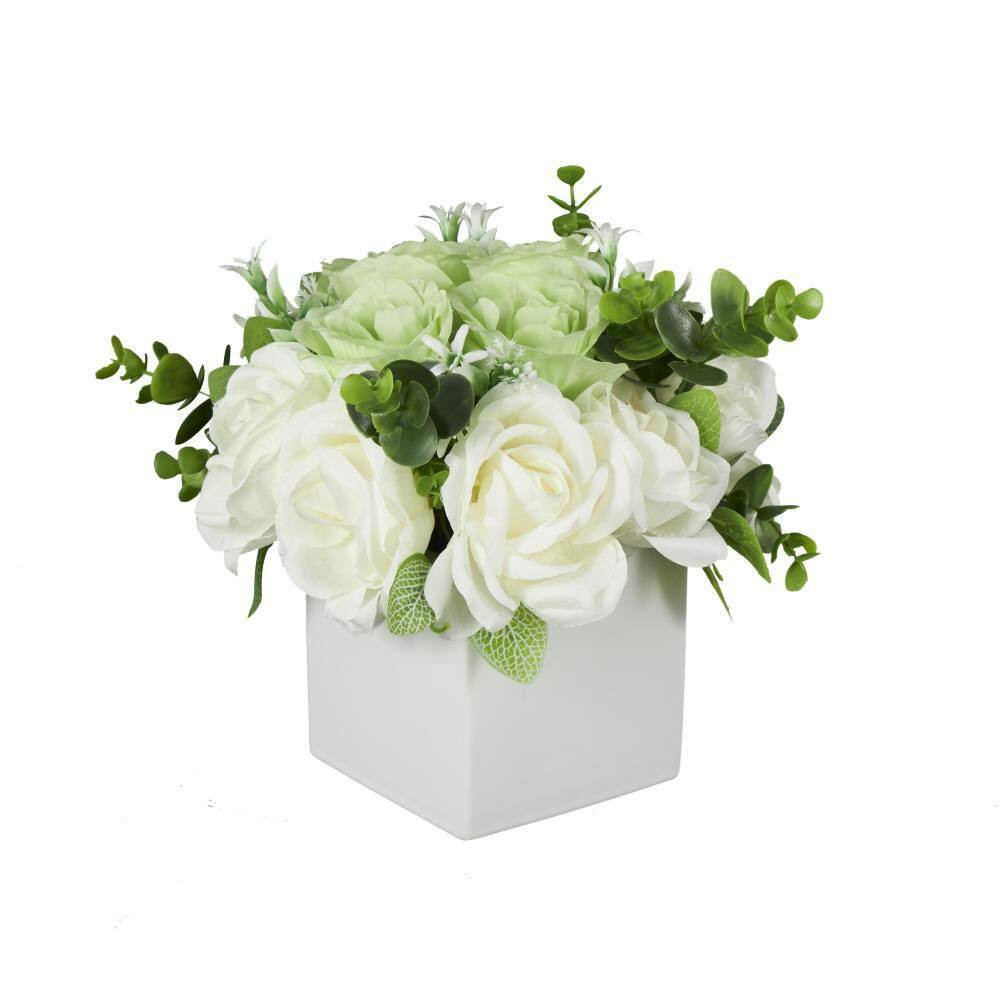 10 In. White Artificial Flower with Green Leaves and Square Ceramic Vase