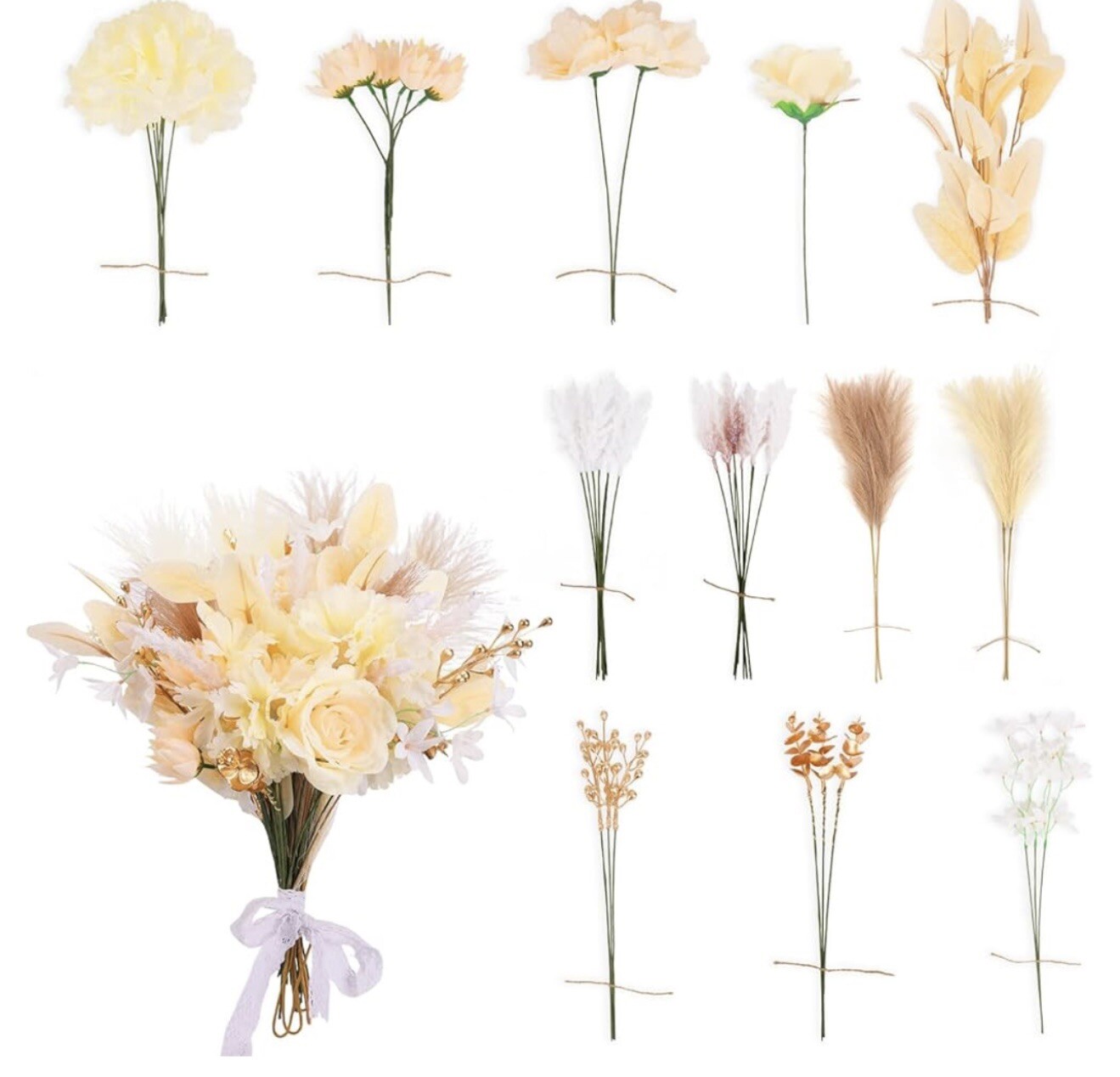 Artificial Champagne Floral Set for Wedding Bouquet, Table Centerpiece (T-15)