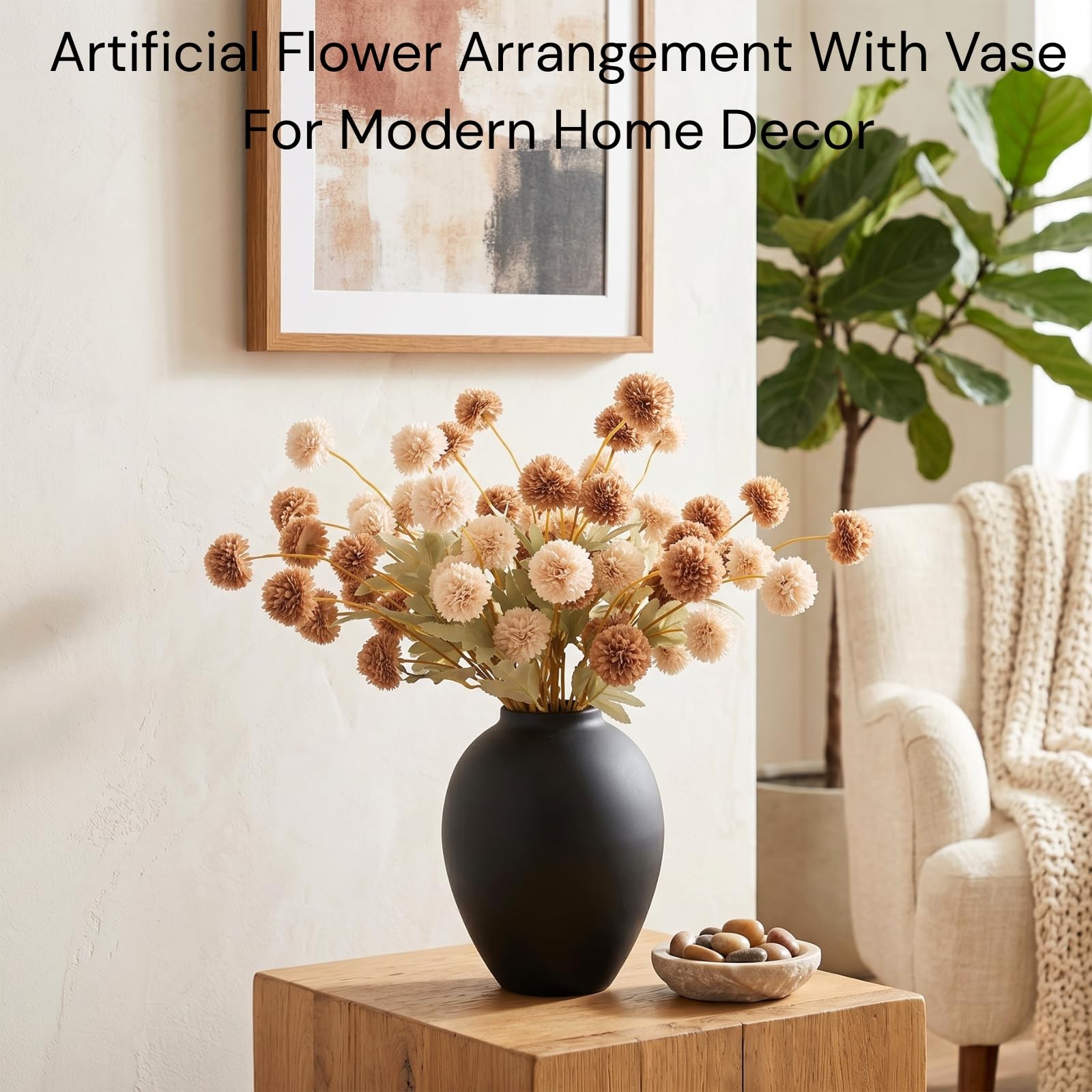 12 Stems Fake Mum Flowers with Black Vase for Home Decor