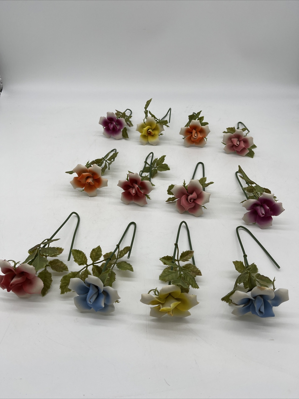 12 vintage stemmed porcelain flowers ceramic no chips