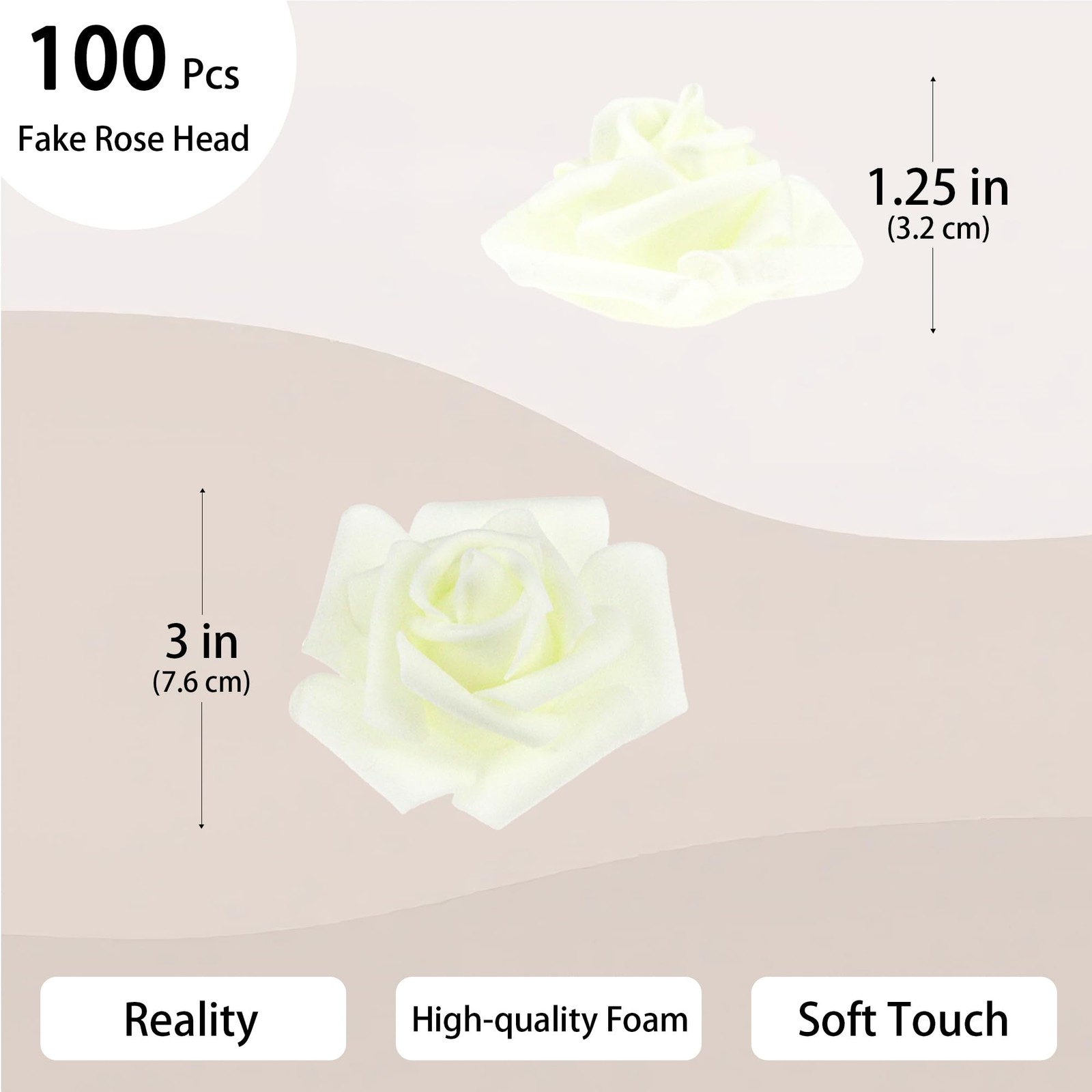 3 Inch Artificial Flowers Bulk Faux Foam Fake Rose Head Ivory 100 PCS